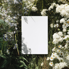 Blank white 5x7 vertical card flatlay on the grass, mockup photography style