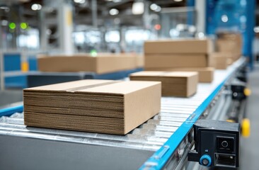 Boxes on conveyor belt in factory setting