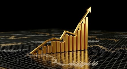 Ultra-modern 3D golden graph climbing over floating data grids, luxury finance concept with black and gold theme.