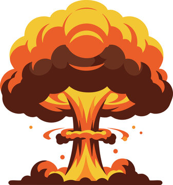 Nuclear explosion mushroom cloud vector illustration with orange and brown colors 