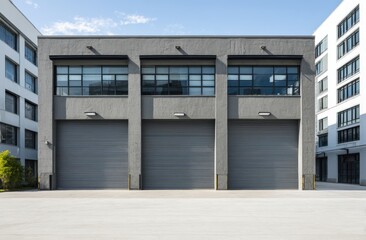 Three garage doors with windows in urban setting