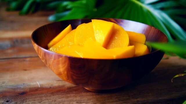 Sliced mango in wooden bowl