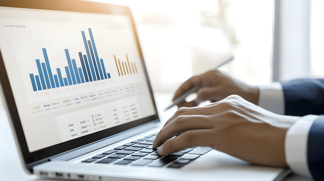 A person analyzing financial data and charts on a laptop, preparing a report in a professional office setting.