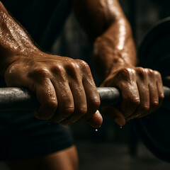 Obraz premium Athlete’s Hands Gripping Barbell – Sweat & Intensity in Dramatic Gym Light (Fitness Stock Photo)