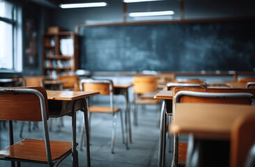 Classroom with desks and blackboard interior
