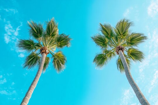 Tropical palm trees under bright blue sky with soft clouds, viewed from below for a vacation and summer vibe
