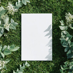 Blank white 5x7 vertical card flatlay on the grass, mockup photography style