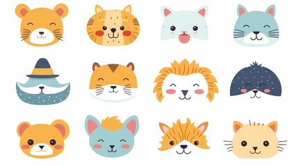 Cute masks with happy faces and mustaches. Simple line drawings. Fun mouth masks for parties. Funny animals. A picture for kids. Can be used for tattoos.

