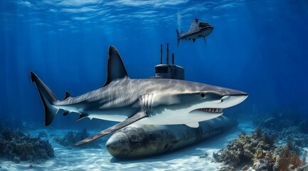 Fototapeta premium Great White Shark Swimming Over Submarine in Coral Reef