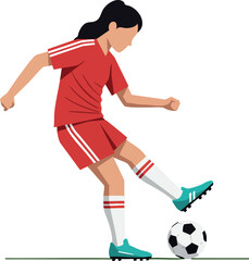 Fototapeta premium Female Soccer Player Kicking Ball in Red Uniform with White Stripes Vector Illustration 