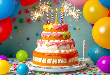 Happy Birthday City Landscape Festive Cake in a Vibrant City Setting