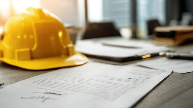 Building Blueprint: Close-up shot of architectural blueprints and safety helmet, focusing on construction documentation. 