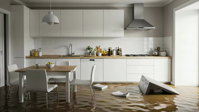 Flooded kitchen with damaged cabinets and furniture. Water damage scene in modern kitchen.  Flooded interior showing significant water damage and ruined kitchen appliances.
