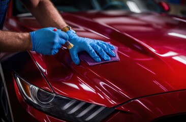 Car detailing process with gloves and cloth