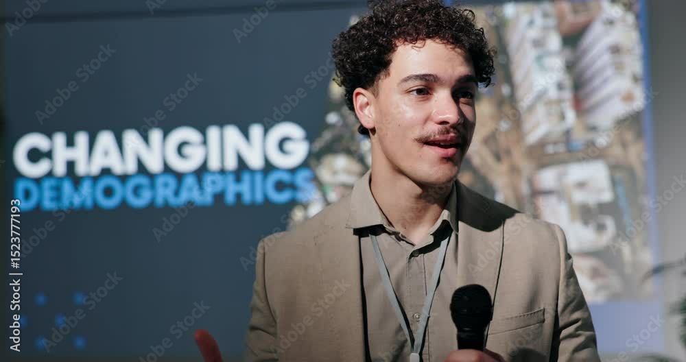 Aufkleber microphone, presentation and businessman at conference with speech for changing demographics. semina