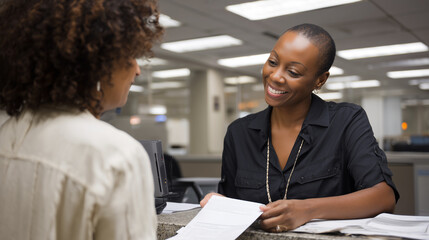 Government Employee Helping Citizen Fill Out Forms at Office