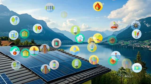 Distributed energy generation concept. Sustainable power from solar panels and wind turbines, stored in central battery for electricity distribution.