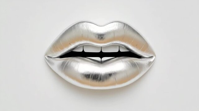 Shiny silver lips art on white background showcases vibrant beauty and creativity