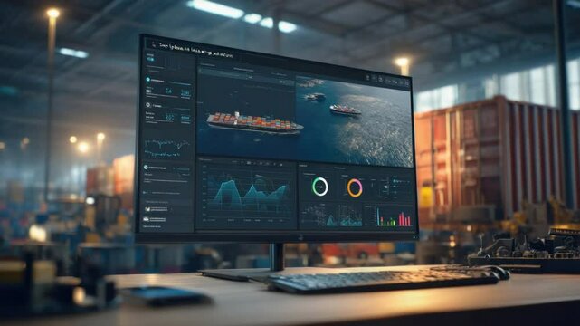 Logistics Control Interface: An industrial scene showcases a high-tech computer interface, likely used for monitoring and controlling complex logistics operations.