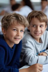 Obraz premium Smiling caucasian boys in classroom environment engaged in learning