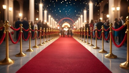 A velvet red carpet leads into an elegant building, creating a sense of importance and grandeur.