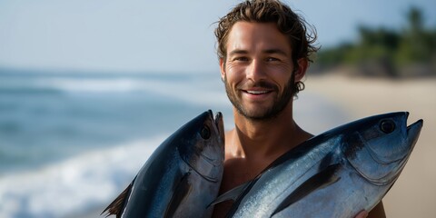 Young caucasian male enjoying beach fishing with catch of large fish