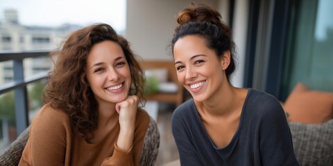Fototapeta premium Two young adult hispanic females smiling on a balcony in casual attire