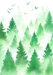 Obraz premium Watercolor Forest Scene with Mist and Flying Birds