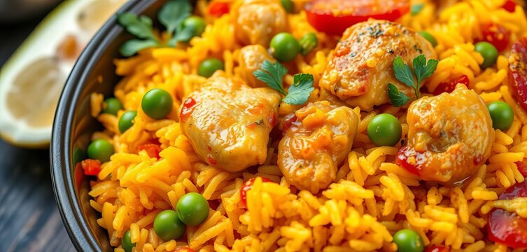 Close-up of vibrant arroz con pollo, showcasing saffron-infused chicken, peas, peppers, and chorizo,  texture,   appetizing