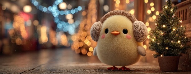 Obraz premium Christmas Chick Holiday Illustration Cute chick with earmuffs in festive scene.