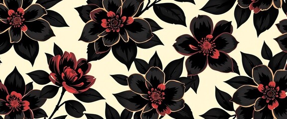 Cream background, bold black floral seamless pattern with large blossoms and dramatic leaves,  vector,  elegant