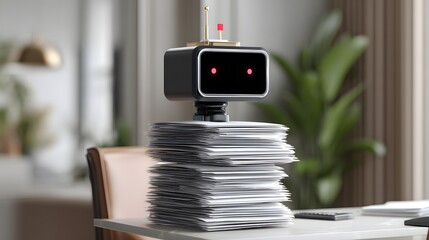 A robot efficiently handles stacks of bankruptcy documents in a clean, modern office setting, representing the future of legal work. The design features significant copy space, allowing for versatile