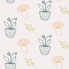 Seamless Botanical Leaf Pattern with Green and Orange Foliage on Light Background