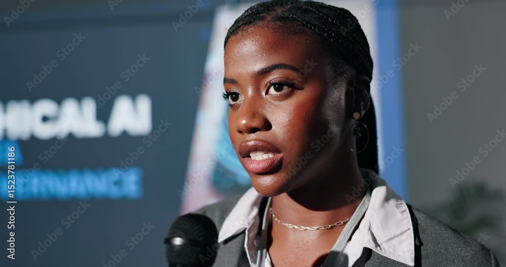 Poster conference, black woman and speaker with microphone at event for ethical ai and data governance. fem