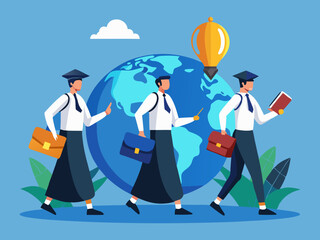 Young Men in Graduation Attire Walking Toward Globe Symbolizing Global Opportunities and Success