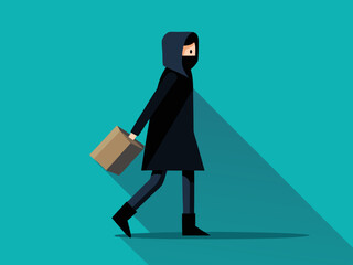 Dark Hooded Individual Transporting Cardboard Box in Clean Flat Design with Shadow