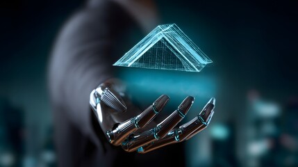 A cybernetic hand, with sleek metallic fingers, holds a foreclosure notice against a futuristic urban backdrop, symbolizing the intersection of advanced technology and financial distress. The image