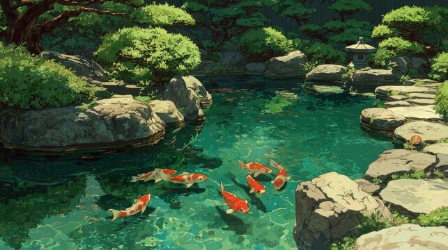 A tranquil Anime background or wallpaper of a traditional Japanese garden koi fish swimming in a crystal-clear pond