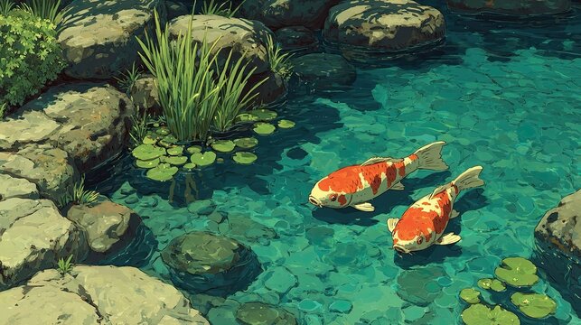 A tranquil Anime background or wallpaper of a traditional Japanese garden koi fish swimming in a crystal-clear pond