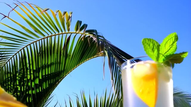 Yellow melon slices on ice with palm trees