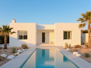 Modern white villa with a long swimming pool and palm trees under a clear blue sky