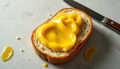 Golden butter curls atop sliced bread, knife nearby on light grey table,   ingredient,   background