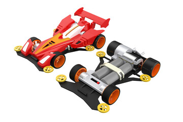 Two Yonku mini4WD Model Kit Race Cars: Highly Detailed Studio Shot. Excellent for Hobbyist Design Elements, featuring classic plastic scale models for building, racing, and collecting enthusiasts' DIY