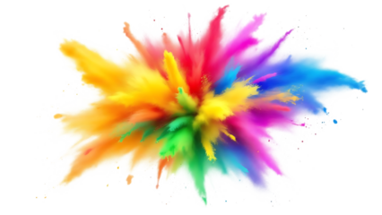 Vibrant rainbow dust powder explosion with dynamic motion, perfect for party, festival, or celebration themes. Transparent PNG with isolated background for easy design integration