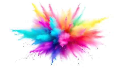 Obraz premium Vibrant rainbow dust powder explosion with dynamic motion, perfect for party, festival, or celebration themes. Transparent PNG with isolated background for easy design integration