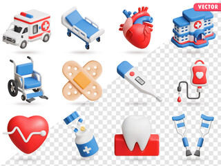 Medical 3D Vector Icon Set: ambulance,hospital bed,human heart,hospital building,wheelchair,adhesive plaster,thermometer,blood transfusion bag,heart, medicine bottle with pills,tooth,crutches.