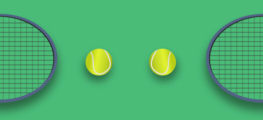 Two tennis rackets and yellow tennis balls lie opposite each other on green background. Sport concept with place for text. Vector illustration.