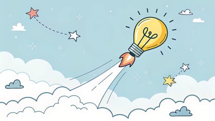 Whimsical Cartoon Bulb Shooting Upward to Represent Inventiveness and Innovation