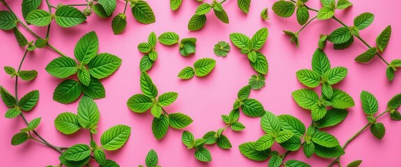 Heart-shaped arrangement of fresh mint & lemon balm leaves on pink , background, fresh