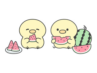 カットされたスイカを座って食べるかわいい2匹のひよこイラスト